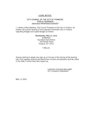 Public Hearing Notice: FY 24/25 Budget Public Hearing May 22, 2024 Proposed Amended Capital Budget.