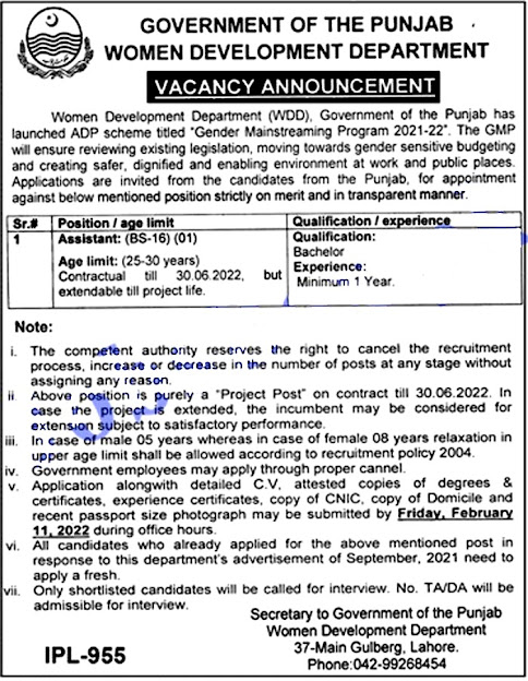 Department of Women Development Punjab Jobs 2022