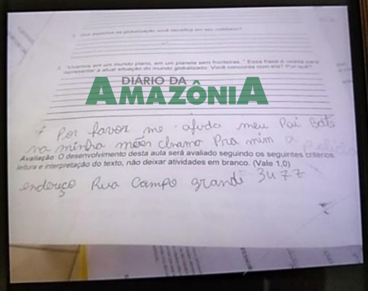 Criança pede socorro em anotação na prova escolar em Rondônia