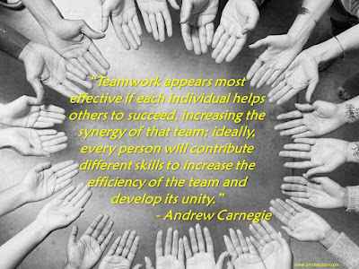 “Teamwork appears most effective if each individual helps others to succeed, increasing the synergy of that team; ideally, every person will contribute different skills to increase the efficiency of the team and develop its unity.”  - Andrew Carnegie