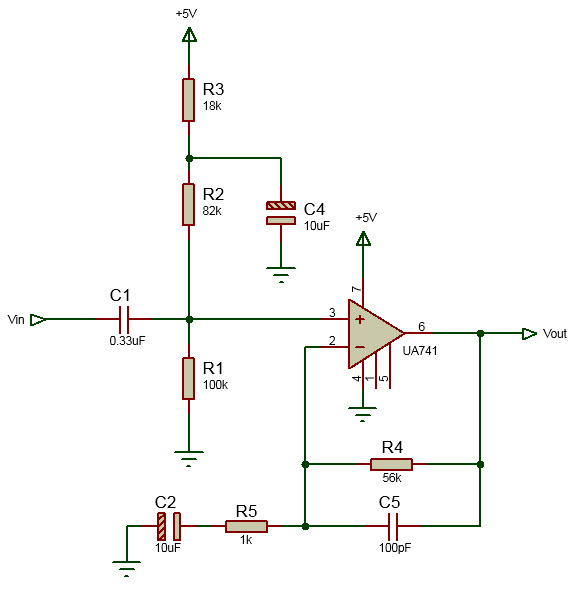 circuit schematic of magnetic micr pre-amplifier with UA741