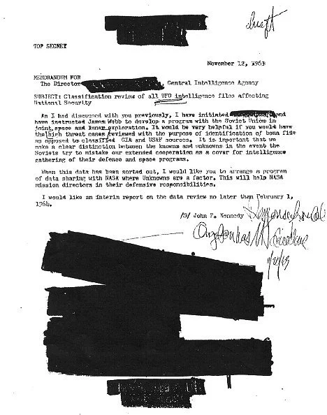 Letter from JFK to CIA director asking for access to UFO files, which has been released to an author under the Freedom of Information Act