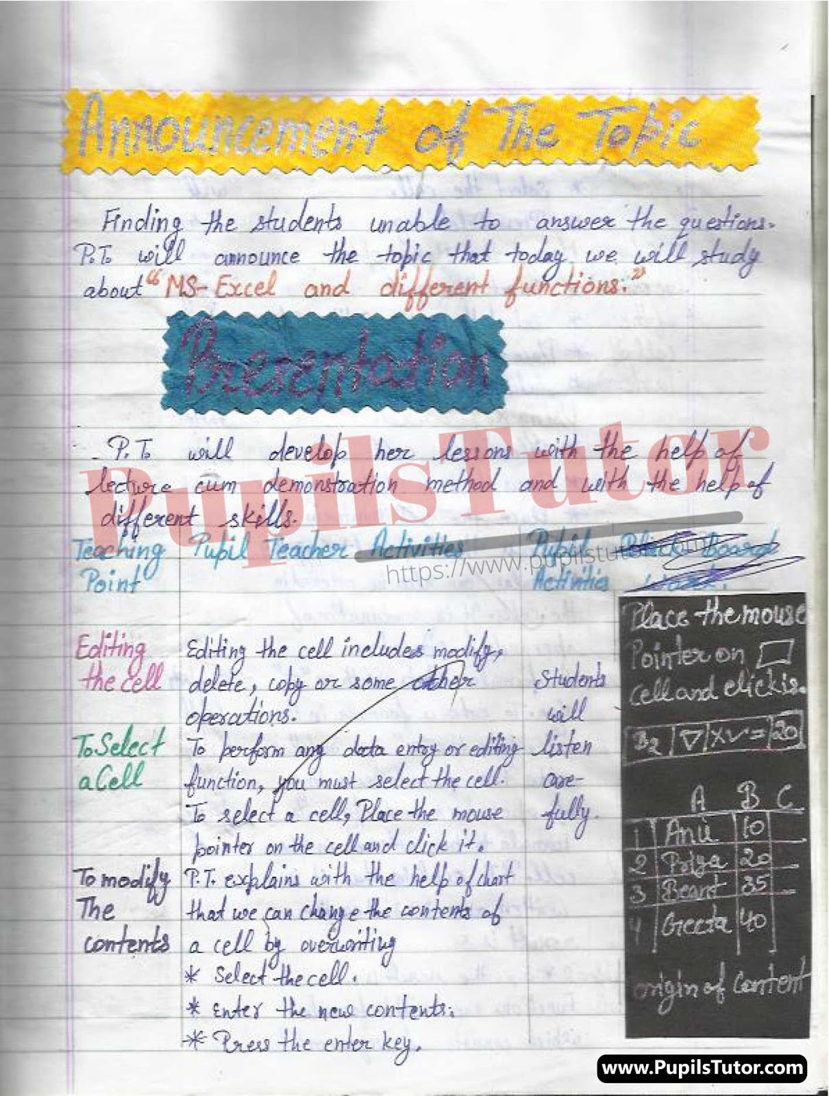 Class/Grade 7 Computer Lesson Plan On Functions Of Ms Excel For CBSE NCERT KVS School And University College Teachers – (Page And Image Number 3) – www.pupilstutor.com