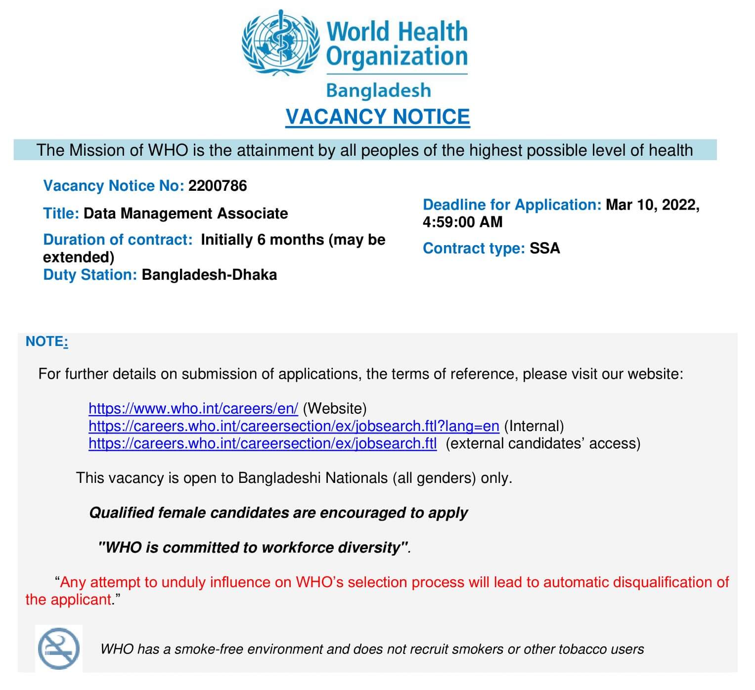 World Health Organization WHO Job Circular image 2022