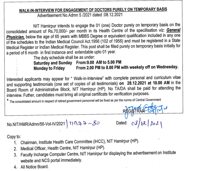 NIT Hamirpur Doctor(Temporary Basis) Recruitment 2021
