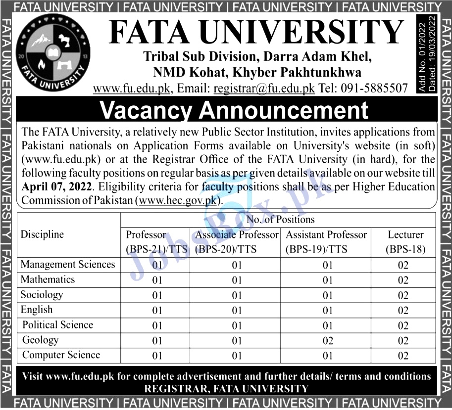 Fata FU University Jobs Application Form 2022 - Www.fu.edu.pk