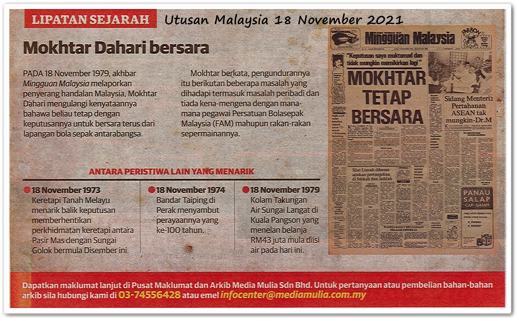 Lipatan sejarah 18 November - Keratan akhbar Utusan Malaysia 18 November 2021