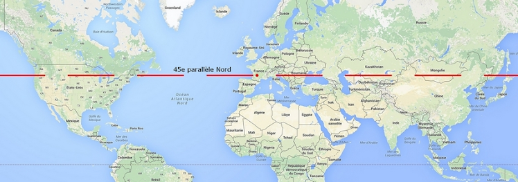 Le 45ème parallèle et nous et sa longueur totale du 45 ème parallèle nord est donc de 28 384 km ,