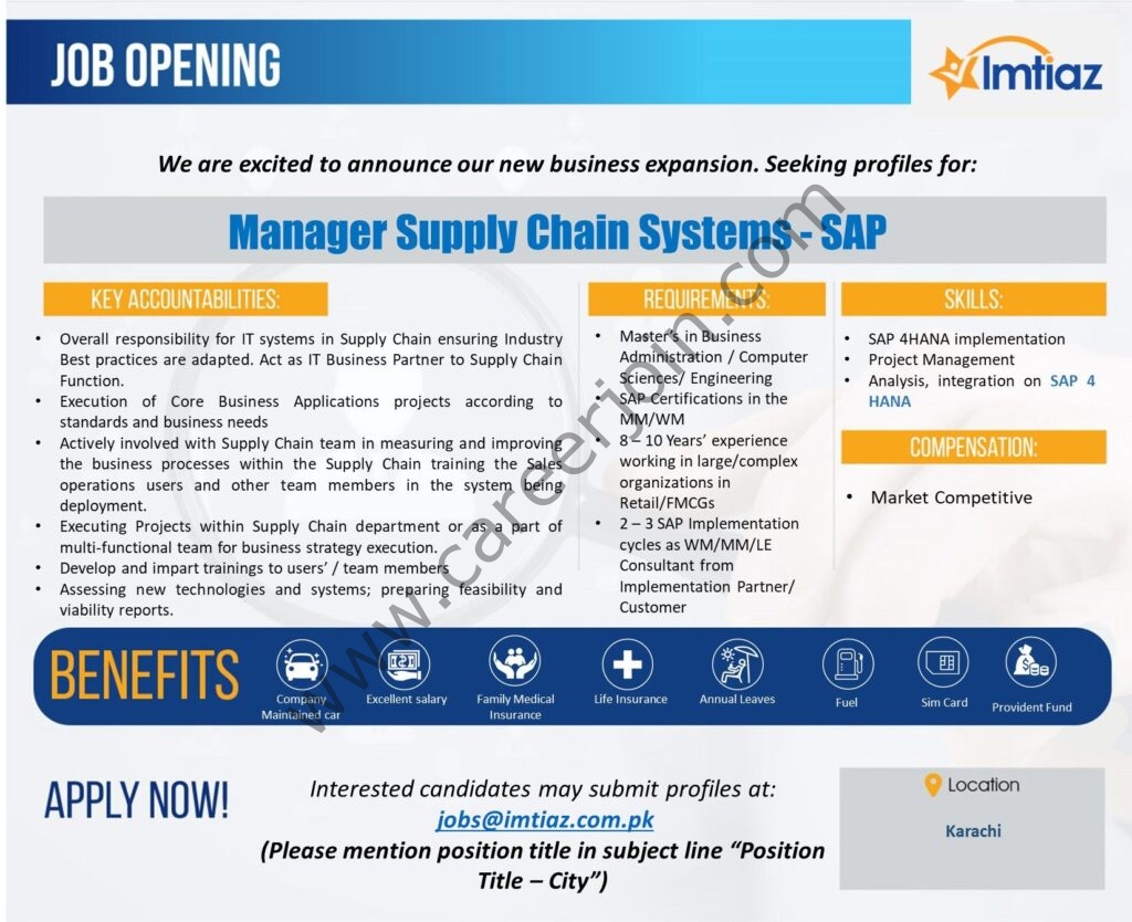 Imtiaz Super Market Jobs Manager Supply Chain Systems SAP