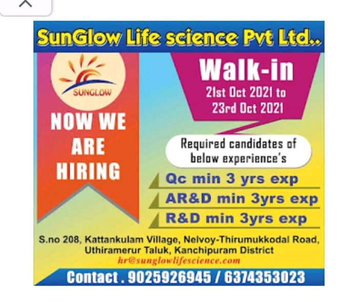 Job Availables,SunGlow Life Science Pvt Ltd. Walk-In-Interviews For Qc / AR&D / R&D