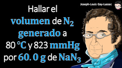 La azida de sodio (NaN3) se usa en algunas bolsas de aire de automóviles. El impacto de una colisión desencadena la descomposición del NaN3 de la siguiente manera: 2NaN3 (s) → 2Na (s) + 3N2 (g). El gas nitrógeno producido infla rápidamente la bolsa entre el conductor y el parabrisas y el tablero. Calcule el volumen de N2 generado a 80 °C y 823 mmHg por la descomposición de 60.0 g de NaN3.