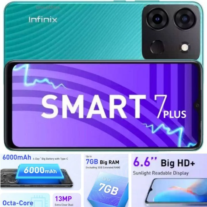 Infinix Smart 7 Plus Smartphone Overview: Up to 7GB RAM, 64GB ROM, 6000mAh Battery, Android 12 OS, 8Core CPU, 6.6Inch Screen