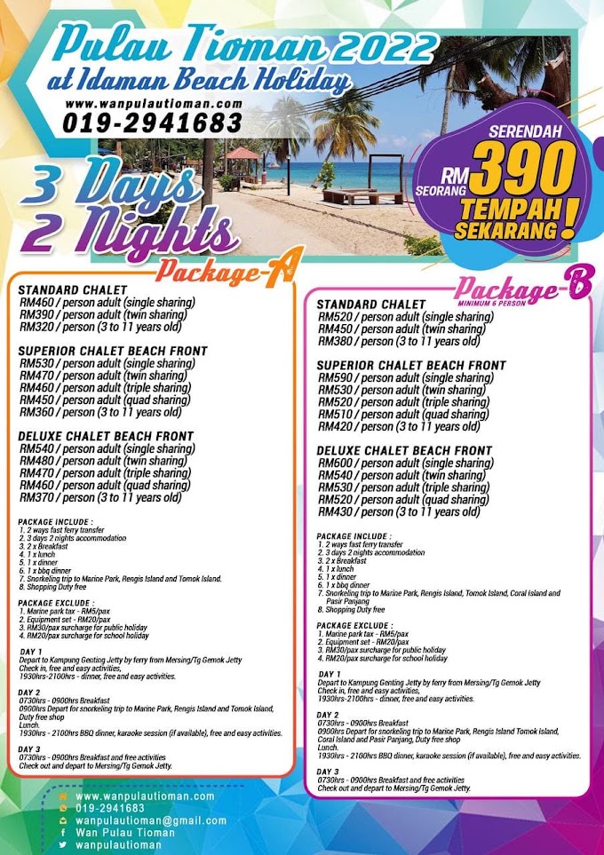 Pakej Percutian 3 Hari 2 Malam Ke Pulau Tioman 2022 - Idaman Beach Holiday Resort ~ Pulau Tioman