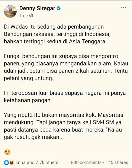  argumen yang sama dipakai oleh Suharto untuk menjustifikasi waduk Kedungombo dan banyak w Made Supriatma tanggapi Denny Siregar: Buzzer-buzzer Penguasa seperti ini Kalau nggak nipu, nggak makan