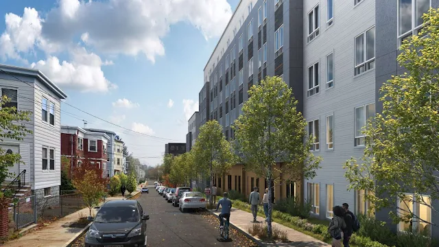 Chelsea Innes Housing Project Render Street View with people and foliage