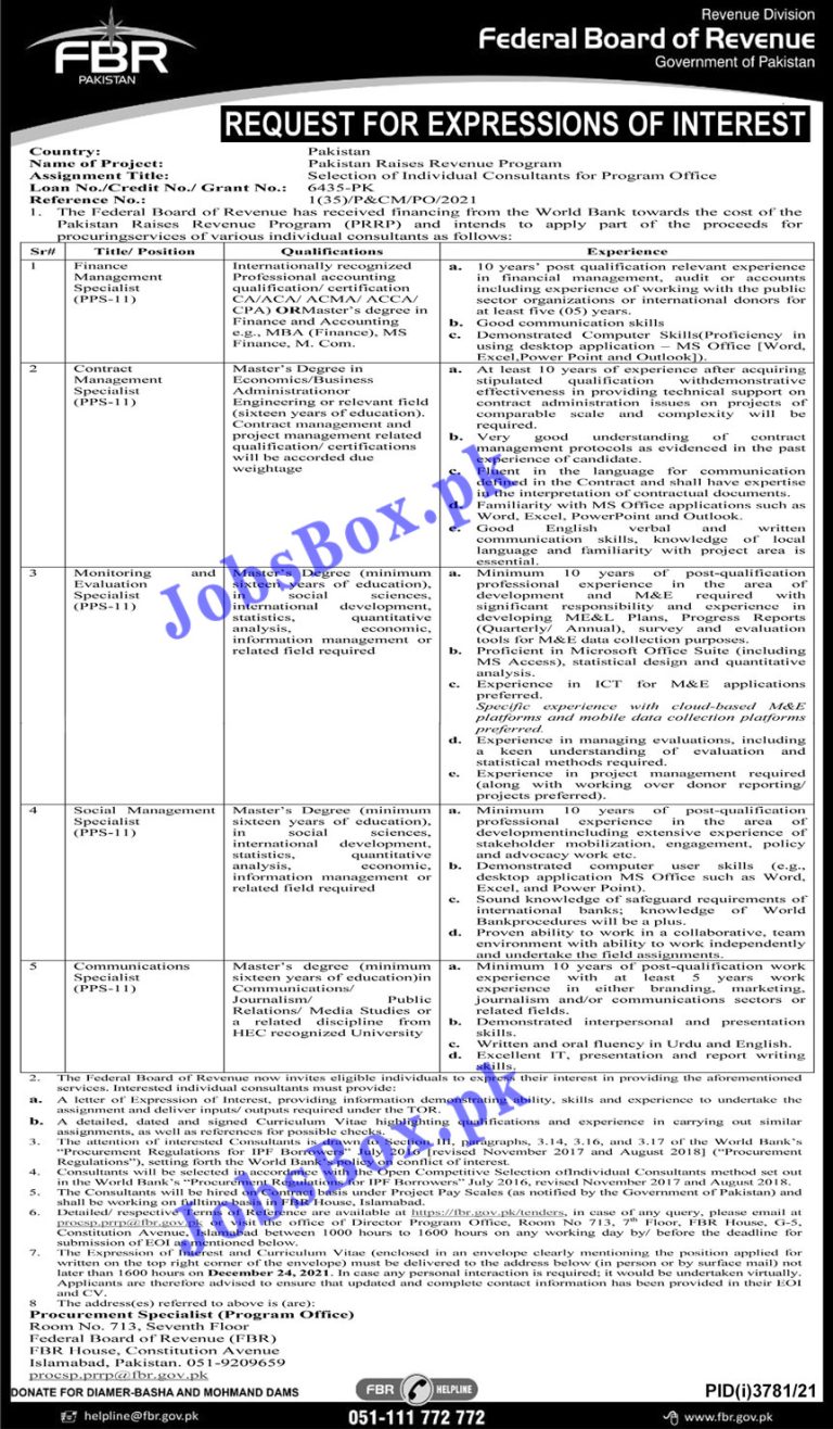 https://fbr.gov.pk - FBR Federal Board of Revenue Jobs 2022 in Pakistan