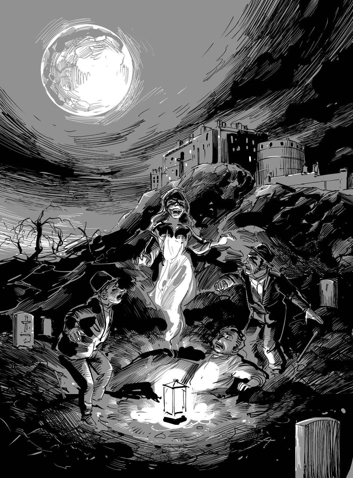 banshee in moon lit night black and white comics style illustration