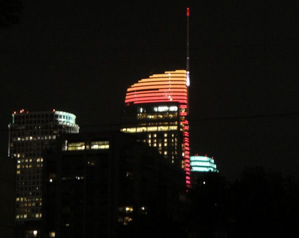 A photo I took of the Wilshire Grand Center as it was lit up in red, orange and yellow to support Los Angeles' bid for the 2024 (now 2028) Summer Olympic Games...on May 10, 2017.