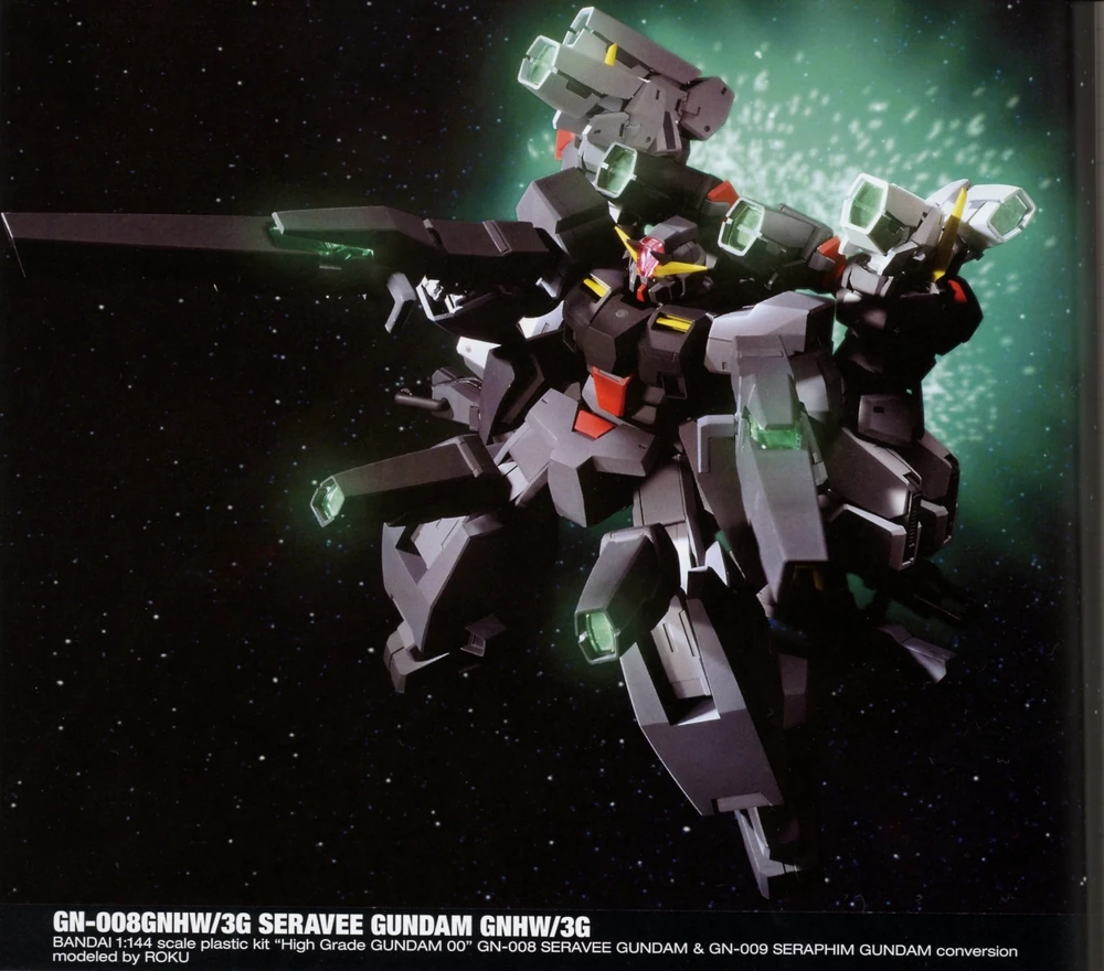 “Imagen del GN-008GNHW/3G Seravee Gundam GNHW/3G, una variante especial del GN-008 Seravee Gundam, conocida por su formidable capacidad de combate y su diseño único en la serie Mobile Suit Gundam 00.”