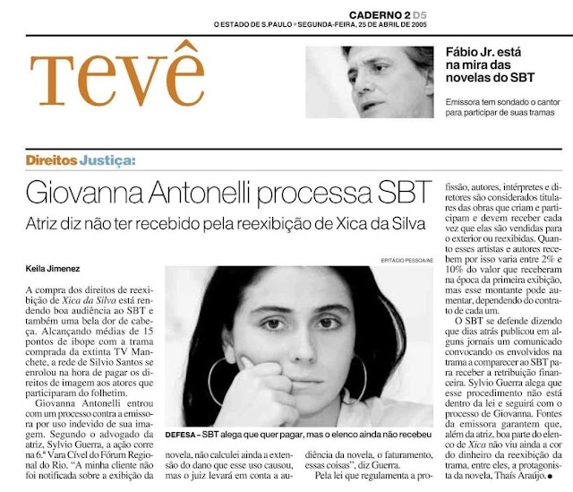 Matéria de Jornal de 2005 - Giovanna Antonelli processou o SBT por causa de Xica da Silva