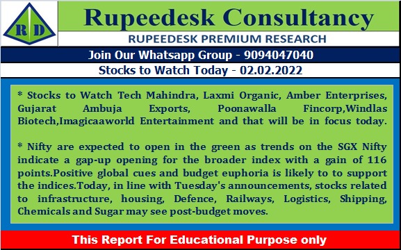 Stock to Watch Today - Rupeedesk Reports