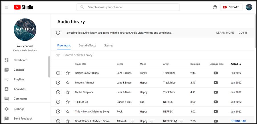 Audio library - YouTube Studio alternatif suara pengisi konten YouTube