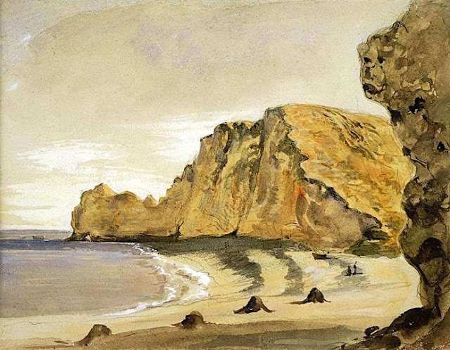 EUGENE DELACROIX (1798-1863) LesFalaises d'Etretat (70 à 90 m) France (Normandie)   In Vue de la plage et des falaises d'Etretat, aquarelle sur traits à la mine de plomb, 15x19 cm, Musée Fabre, Montpellier