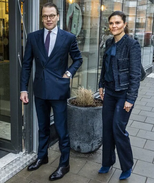 Crown Princess Victoria wore a black and navy tweed jacket from Maruschka de Margò, and navy silk blouse and navy trousers