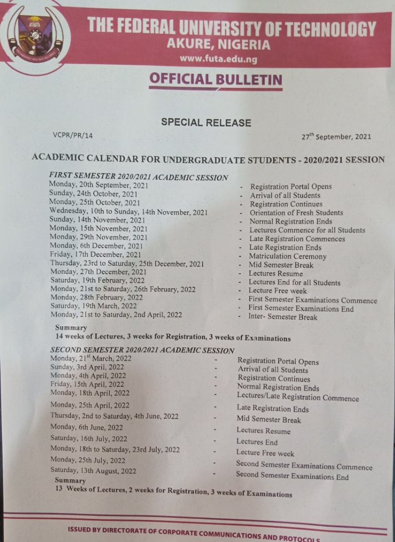 FUTA Approved Academi Calendar 2020/2021 -FutaNewsandGist