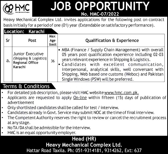 Heavy Mechanical Complex HMC Taxila Jobs 2022