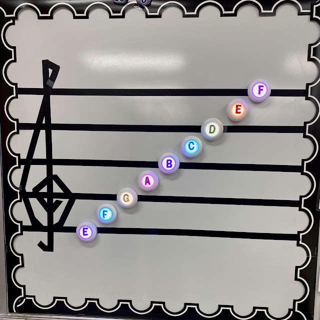 DIY Light Up Staff Board, treble clef display. Bright and fun way to learn treble clef lines and spaces names. Music teacher hack.