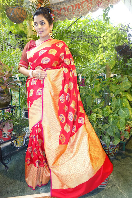 Red Banarasi ektara silk saree. Soft drape with 5 meena