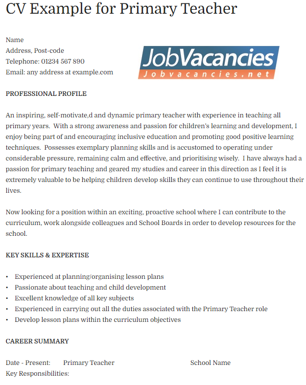 CV Example for Primary Teacher