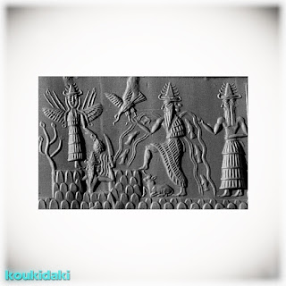 Αρχαία ακκαδική κυλινδρική σφραγίδα που απεικονίζει (από τα αριστερά προς τα δεξιά) τις θεότητες Inanna, Utu, Enki και Isimud (περ. 2300 π.Χ.)