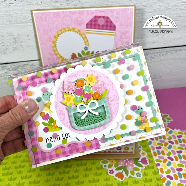 Easter scrapbook mini album and box with a flower shaker, polka dots, birds, and bunny rabbits