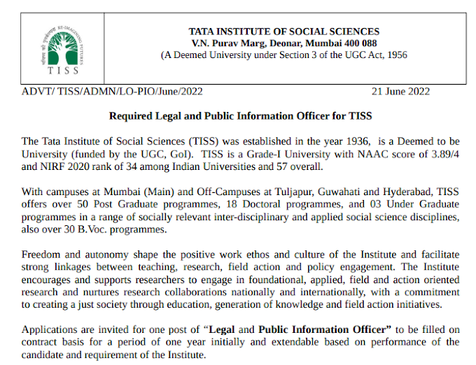 Required Legal and Public Information Officer for TISS Mumbai