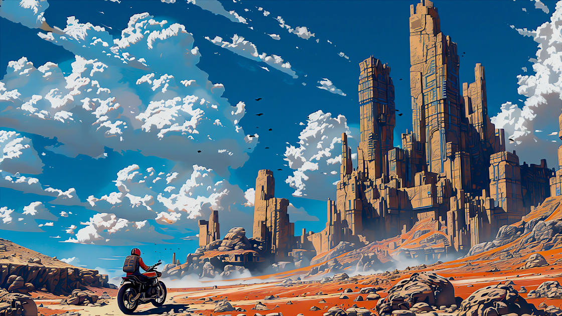 A lone biker in a futuristic suit looks towards towering rock formations under a vast blue sky with dynamic clouds.