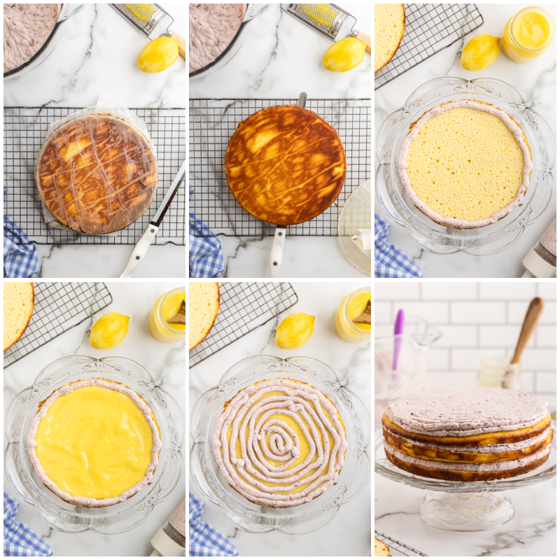 Six photos of the process of assembling a Keto Lemon Cake with Blackberry Mascarpone Frosting.