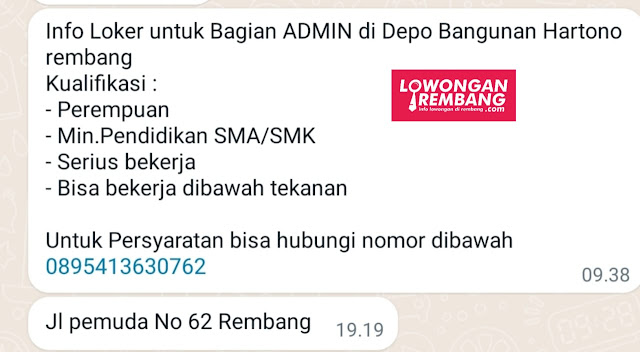 Lowongan Kerja Pegawai Admin Depo Bangunan Hartono Rembang