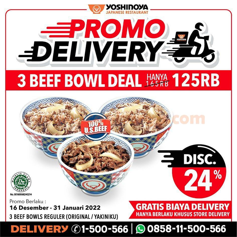 Yoshinoya Promo 3 Beef Bowl Deal hanya Rp. 125Rb