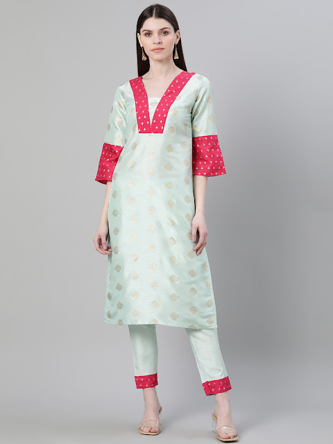 Aqua Poly Silk Ethnic Motifs Print Straight Cut Kurti Pant Set