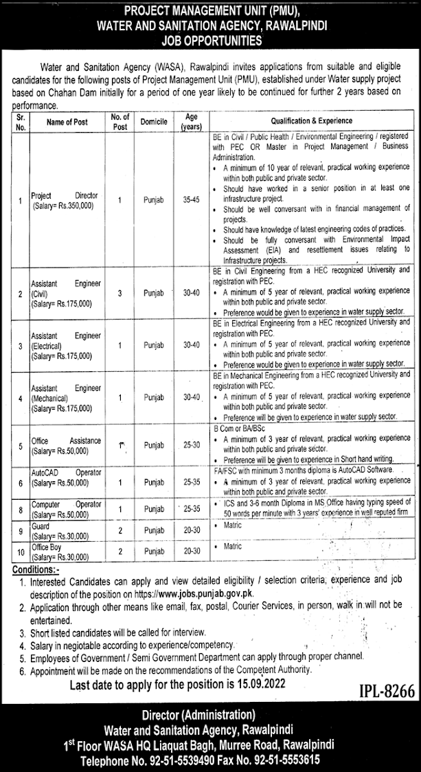 Govt Jobs In Water and Sanitation Agency WASA 2022