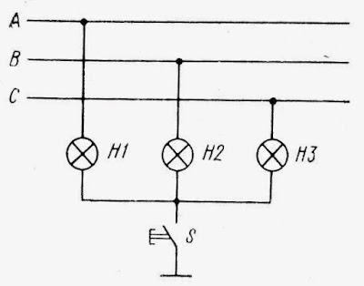 Схема включения ламп накаливания для контроля состояния изоляции трехфазной сети