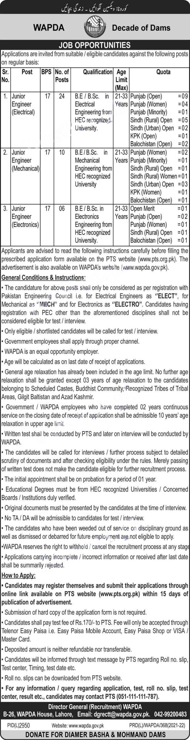 Today WAPDA jobs 2022 Application Form via www.pts.org.pk
