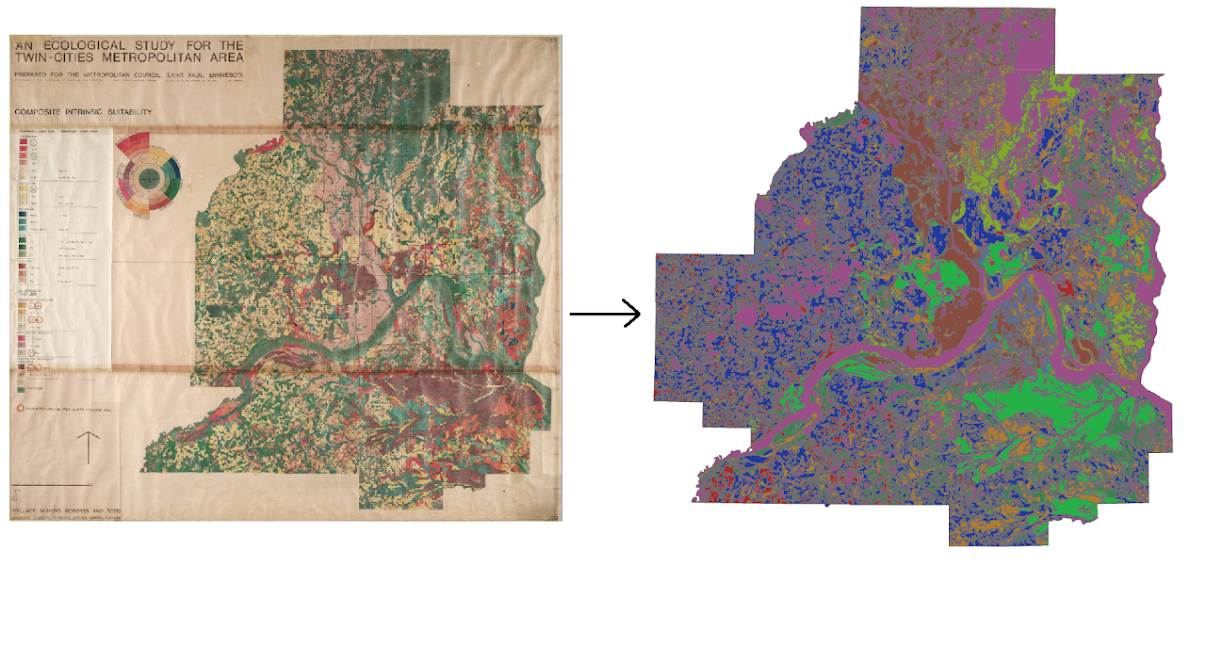 A scan of the 6 x 6 hand-drawn composite intrinsic suitability map and derived GIS data. Displays an ecological study for the twin-cities metropolitan area