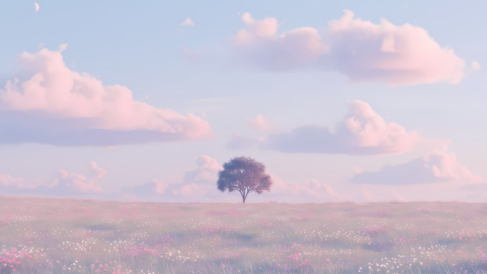 Download 4K dreamy pastel field with solitary tree wallpaper, featuring a serene landscape with a lone tree standing in a field of soft pastel pink and white flowers under a light blue sky with fluffy pink clouds and a crescent moon.