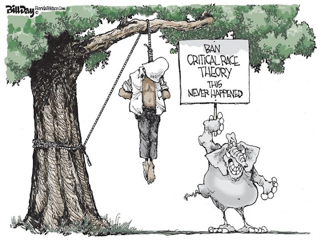 Republican Elephant stands before the body of a lynched black man hanging from a tree holding a sign reading, 