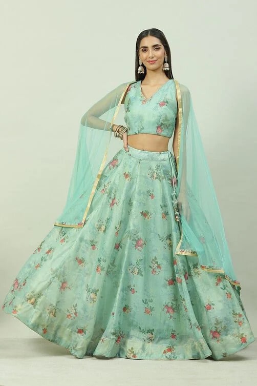 SEA GREEN COTTON BLEND LEHENGA SET