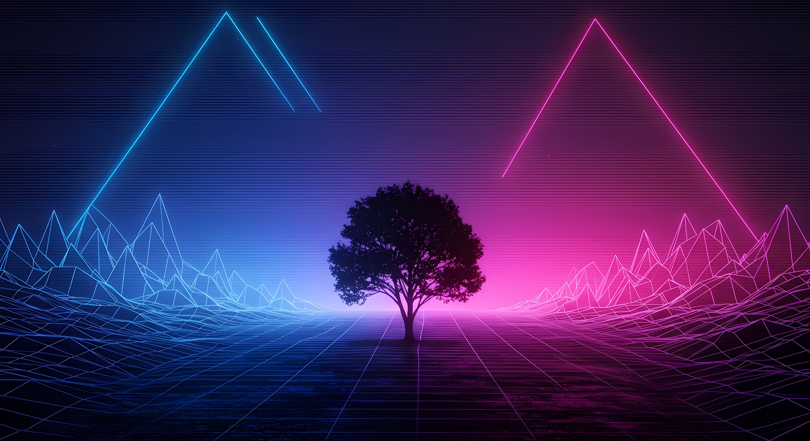 A tree silhouette against a retro-futuristic landscape with neon lines and a grid