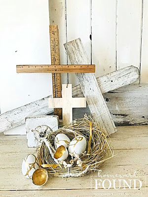spring,Easter,painting,DIY,diy decorating,decorating,faux finish,tutorial,home decor,spring home decor,spring decorating,easter eggs,painted easter eggs,easter, passover,faux paint treatments,kintsugi,faux kintsugi,nests,salvaged wood crosses